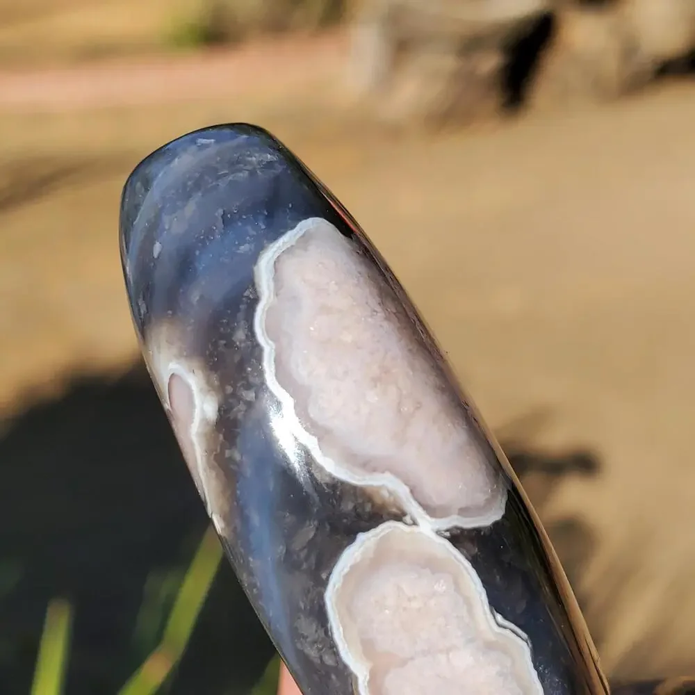 Blue Flower Blossom Agate Translucent Palmstone Crystal 68 grams
